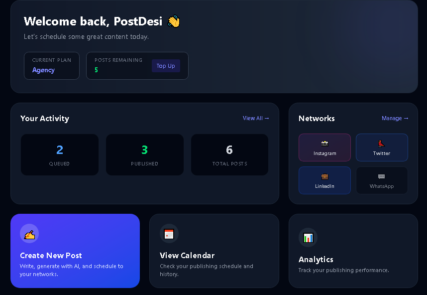 PostDesi AI Social Media Scheduler Dashboard